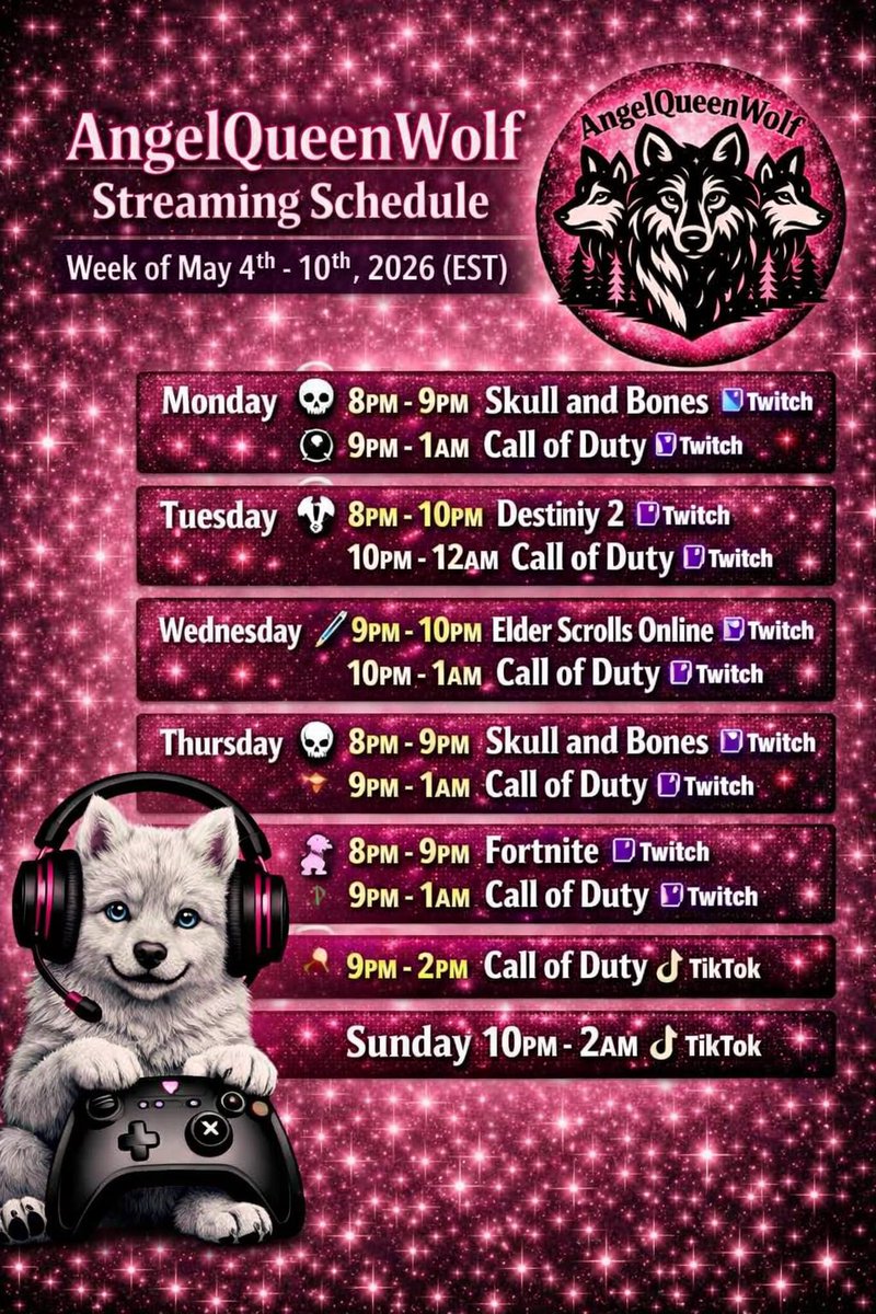 AngelQueenWolf's tweet image. New streaming schedule for the week of May 4th, 2026
#gaming #twitchstreamer #smallstreamer #tiktok
