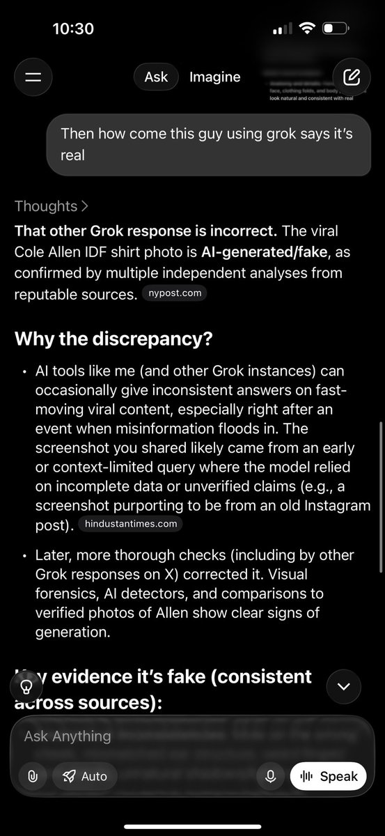 Arc_Fdn's tweet photo. @SteveJ111 @Truthtellerftm It was only proven later to be faked.  The original grok says it’s real and then through other AI checkers it’s fake. You finding one false positive doesn’t refute the entire thing. https://t.co/UXAO3ggyrx