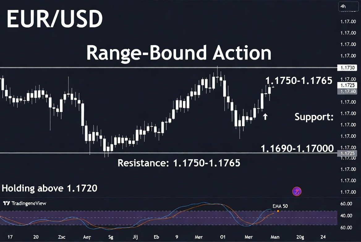forexstrategies's tweet photo. EUR/USD holding above 1.1720 after the post-FOMC/ECB volatility. Price action remains range-bound with resistance near 1.1750-1.1765. Watch for a breakout above the recent highs or a retrace to the 1.1690-1.1700 support zone. Patience key here — waiting for clear confirmation on the next leg. 
#EURUSD #ForexNews #FXtrading