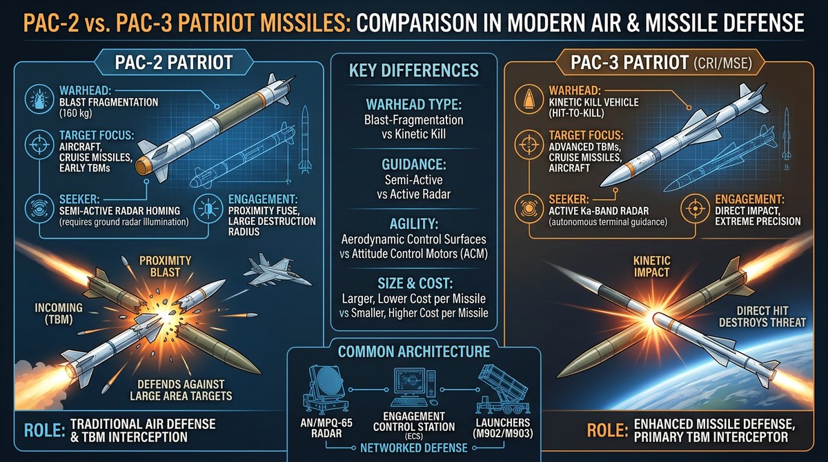 TheDefensewatch's tweet photo. Twitter / X Post:
PAC-2 vs PAC-3: Range vs precision.
PAC-2 covers wider threats, while PAC-3 uses hit-to-kill tech for ballistic missile defense.

Both form the backbone of modern Patriot systems.

Learn the key differences.

#PAC2 #PAC3 #MissileDefense #AirDefense https://t.co/J3mu7u0iuE