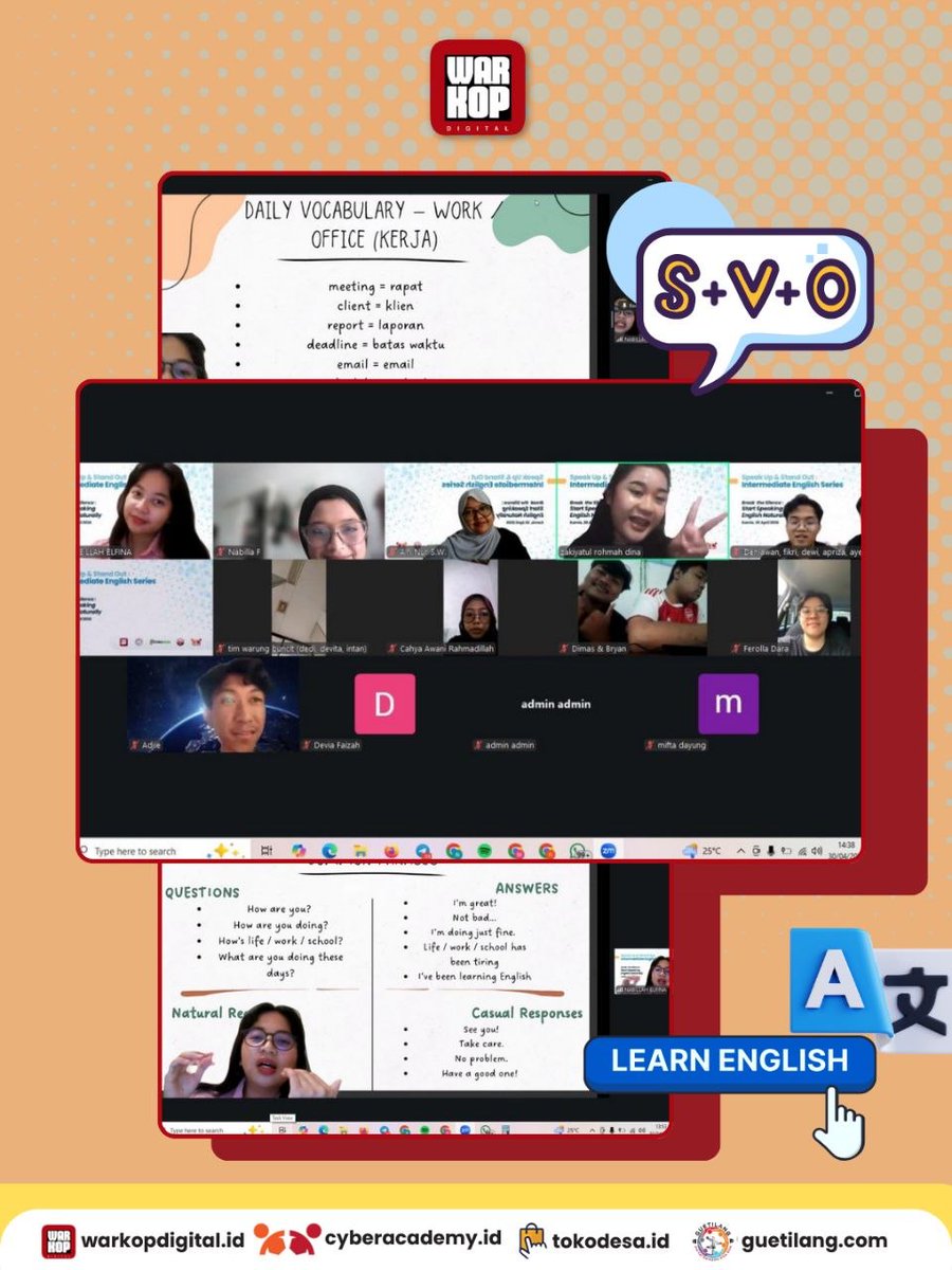 WarkopDigital's tweet photo. Belajar Bareng - “Break the Silence: Start Speaking English Naturally” 💻💬

Kegiatan Belajar Bersama Warkop Digital telah terlaksana.

Terima kasih untuk antusiasme tinggi dari para peserta webinar✨ https://t.co/8kP4W5PvLP