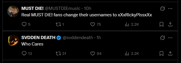 MagicalNote's tweet photo. goated interaction @MUSTDIEmusic https://t.co/OLNpGbNpb0