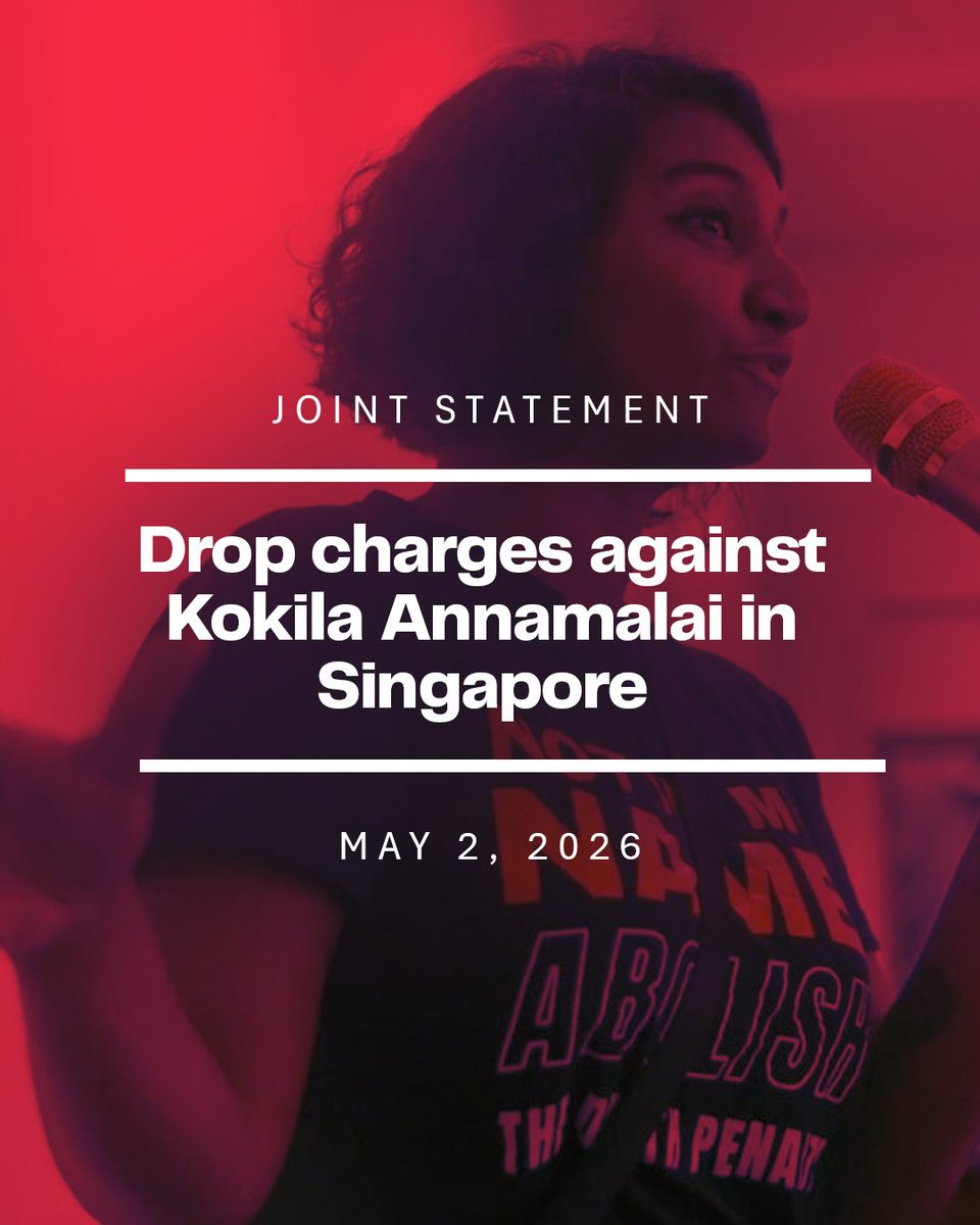 partisosialis's tweet photo. DROP CHARGES AGAINST KOKILA ANNAMALAI IN SINGAPORE

Joint statement | 2 May 2026

POFMA is a tool used by the government of Singapore to intimidate activists and silence dissent. https://t.co/VFSqY9PYNy
