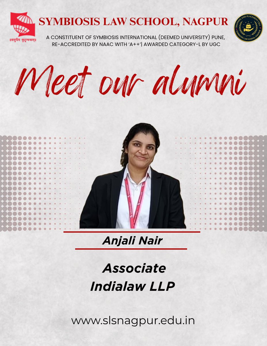 Proud to celebrate our alumna Anjali Nair, currently with India Law LLP. Her journey of dedication and excellence continues to inspire our students.
Wishing her continued success ahead!

#SLSNAGPUR #AlumniSpotlight #ProudAlumni