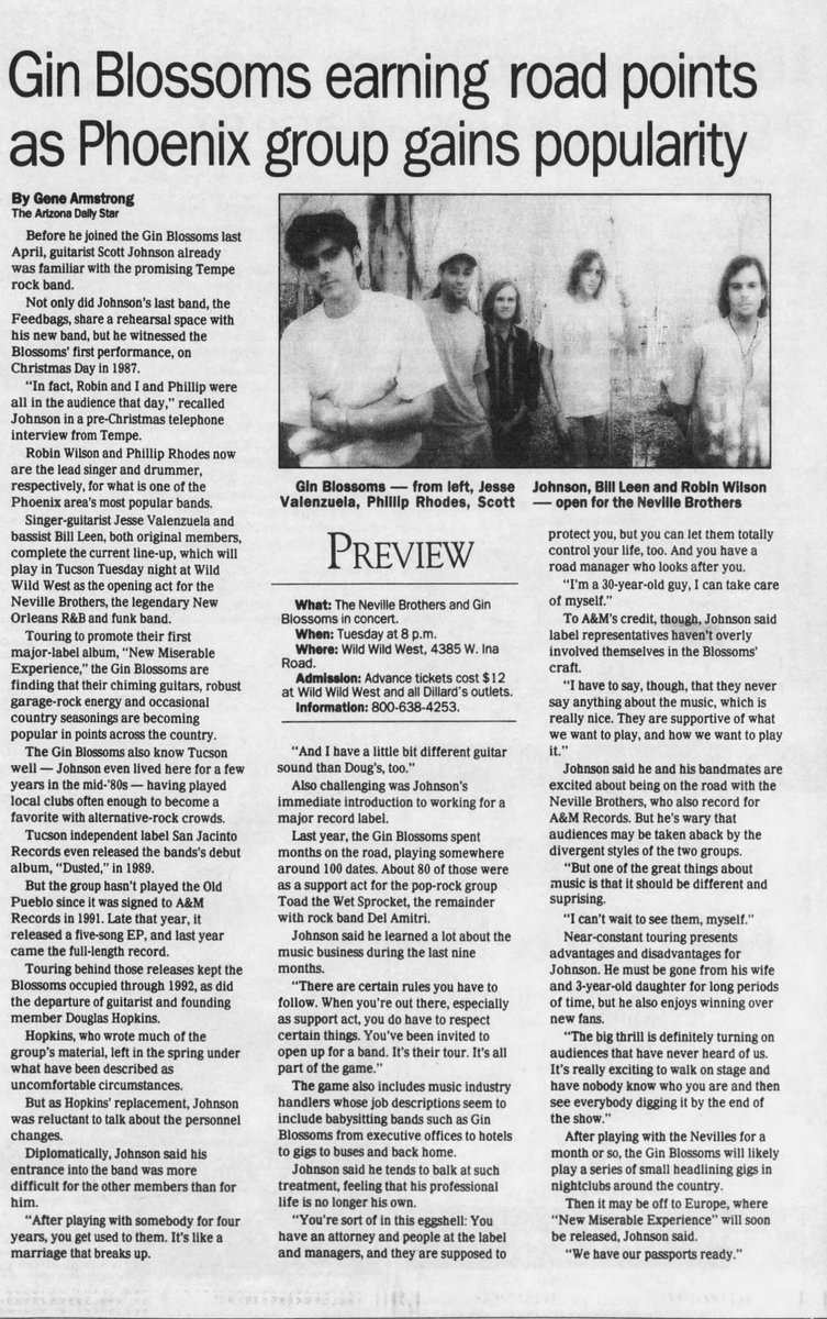 GBsArchives's tweet photo. GBs Sunday Read: "Gin Blossoms earning road points as  Phoenix group gains popularity"  (by Gene Armstrong Arizona Daily Star  1/8/1993).    

#SundayRead #GinBlossoms #ScottJohnson #90s #ArizonaDailyStar https://t.co/UC5FKHDSdx