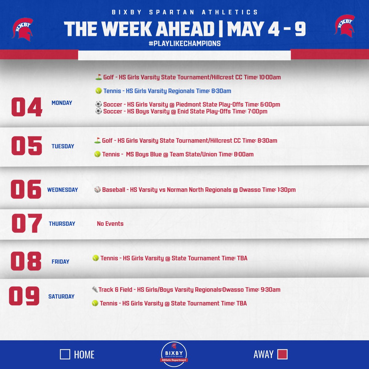 HomeofSpartans's tweet image. Bixby Spartans week ahead for May 4-9
#BixbySpartans | #PlayLikeChampions
