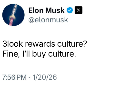 SaadAmmrun's tweet image. Elon gets it.
Now imagine when your community starts buying culture, too.

@3look_io isn’t just rewarding posts.
It’s rewarding belief. Attention. Memes that actually scale.

Culture isn’t borrowed.
It’s built  by many, not one.
Don’t wait for Elon. Start your own phase 2. 🧠🧵