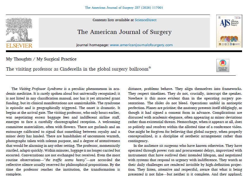 Dhananjayasha19's tweet photo. 📢Pleased to share my new publication in the @AmerJSurgery

A satirical look at how academic recognition can sometimes be more ceremonial than transformational

But the real question is not who is invited to the ballroom — but whether those encounters leave something meaningful behind. ✨🤝

🔗 https://t.co/dNpivwFQMO

#GlobalSurgery #VisitingProfessor #SurgicalEducation #AcademicSurgery #MedicalEducation #GlobalHealth 

@juliomayol @JohnMeara @robertriviello @HarvardPGSSC @SalimAfshar @TomVargheseJr @AmCollSurgeons @SurgGPT @me4_so @SURGhub @RCSnews @PLOSGPH @jcpuyanamd @RCSI_GlobalSurg @sherrywren @GWSurgChair @GlobalSurgeryDE @surgfoundation @JuliaE_Robinson @MrTimLane @DrRahulMJindal1 @PeterASinger @MutumbaMargaret @hayfarani @elliotthaut @keepark @RantingSid @AnantBhan @oxglobalsurg