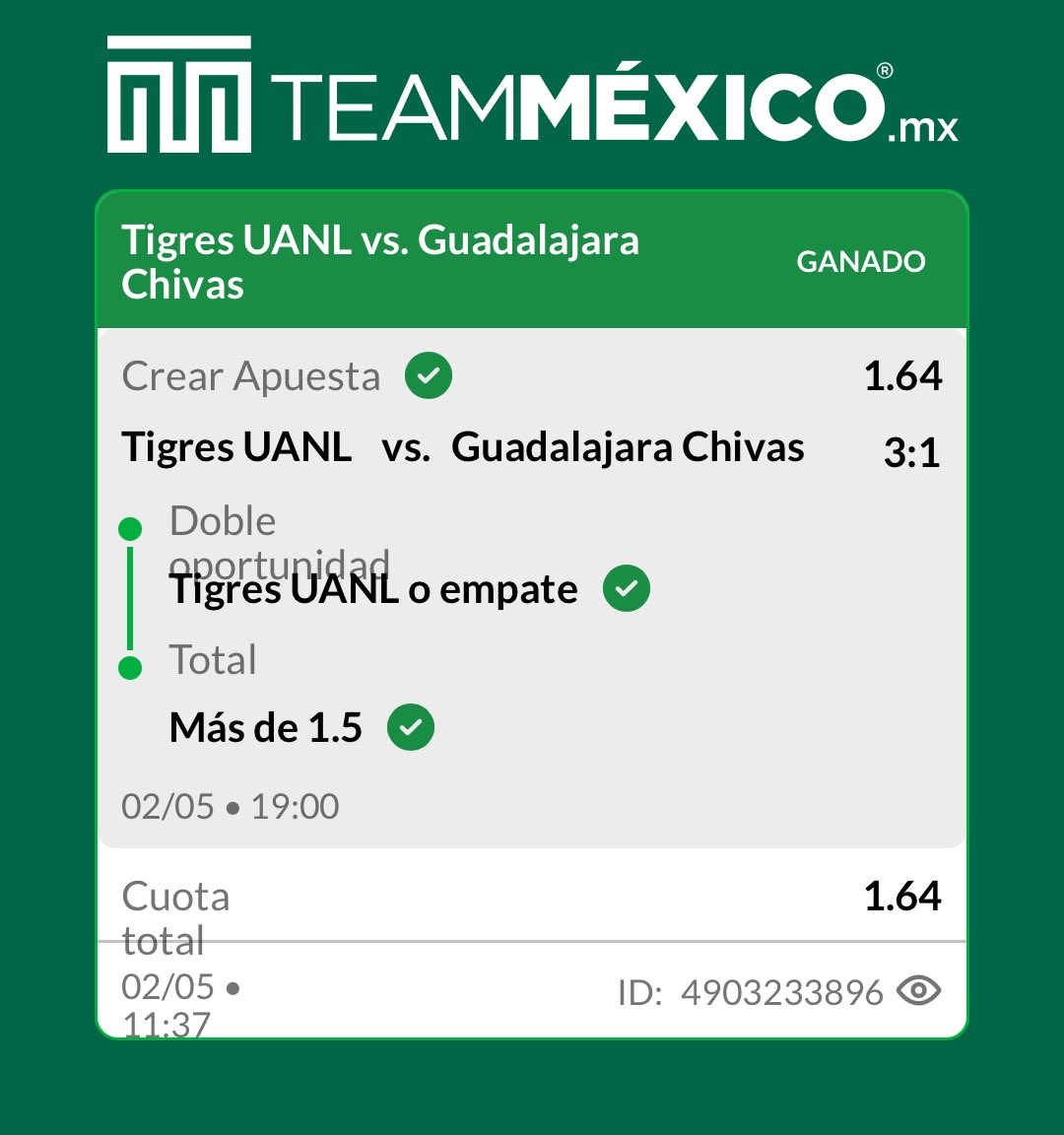 ElLoboVIP's tweet photo. 🇲🇽 Resumen Liga MX: 4-2 ✅
📈 Bank: +5.0% 

💰Tigres DO + Over 1.5 (1.64)
💰EV+ Tigres ML (1.90)
💰Pumas +0.5 (1.80)
💰EV+ Pumas ML (3.80)🔥

❌Atlas +0.5 (1.86)
❌Toluca ML (1.78)

Seguimos sumando.

¿Cobraste alguno conmigo? https://t.co/JNzqEkaLGb