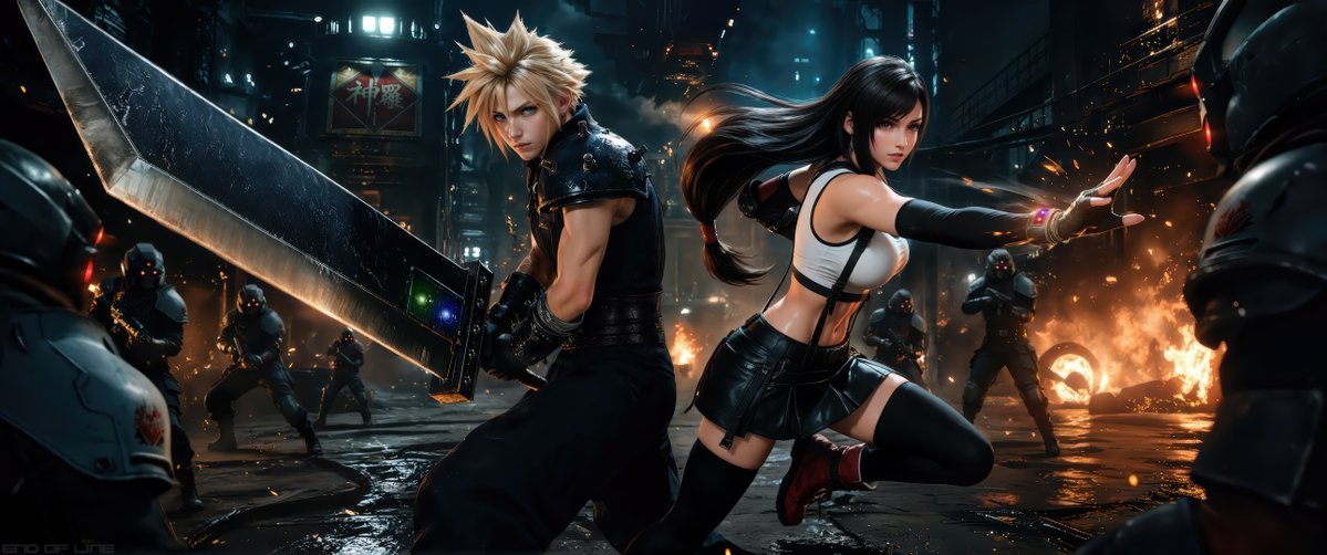 EndOfLineArt's tweet image. In honor of Tifa Lockhart's birthday, I wanted to do something special: An ultra wide wallpaper of my favorite duo, Tifa and Cloud, fighting the forces of Shinra in Midgar
15k Download: deviantart.com/endoflineart
Print: etsy.com/shop/EndOfLine…
#Tifa #TifaLockhart #Cloud #CloTI #FF7