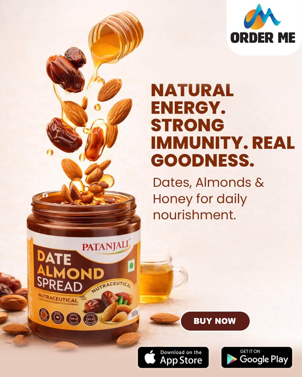 Order__me's tweet photo. Sweetness bhi, sehat bhi! 💛
Ab breakfast ho ya snack time – har bite banega nutritious aur delicious with Patanjali Date Almond Spread 

Order now on Order Me App 🛒

#Patanjali #HealthySpread #DateAlmondSpread #HealthyLiving #NoAddedSugar #NaturalGoodness #BreakfastGoals https://t.co/AFB4hS1E6j