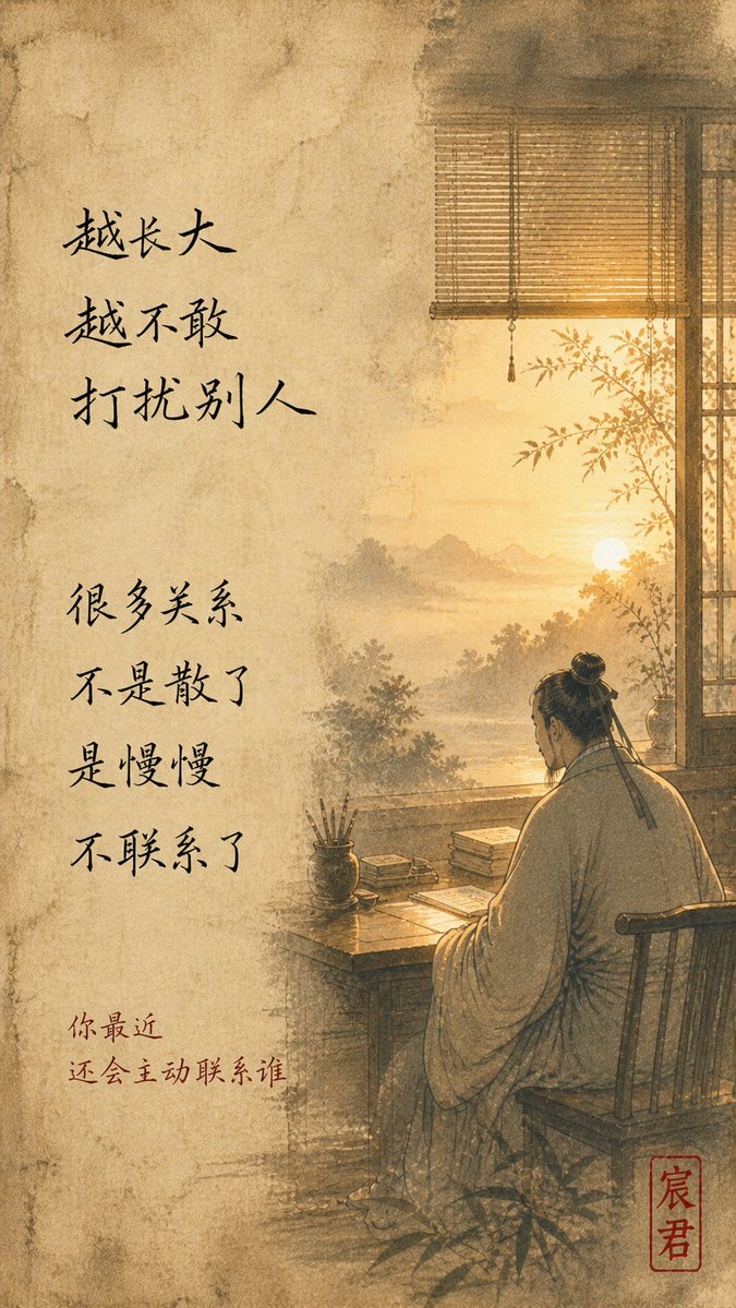 zhouchenjun's tweet image. 越长大，越不敢打扰别人。
很多关系，不是散了，是慢慢不联系了。
你最近还会主动联系谁？
 #ZenPhilosophy #MiddleAgeWisdom #ChineseCulture