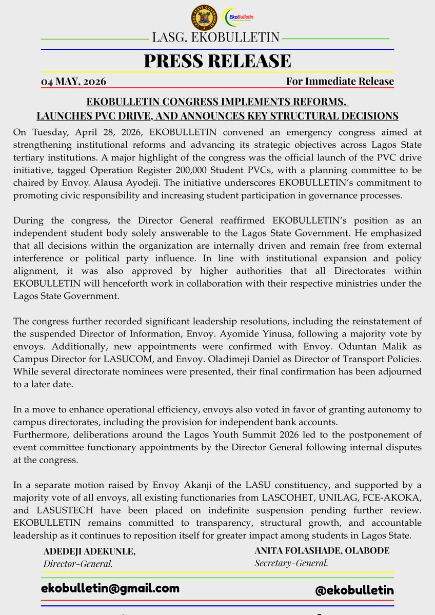 EKOBULLETIN CONGRESS IMPLEMENTS REFORMS, LAUNCHES PVC DRIVE, AND ANNOUNCES KEY STRUCTURAL DECISIONS