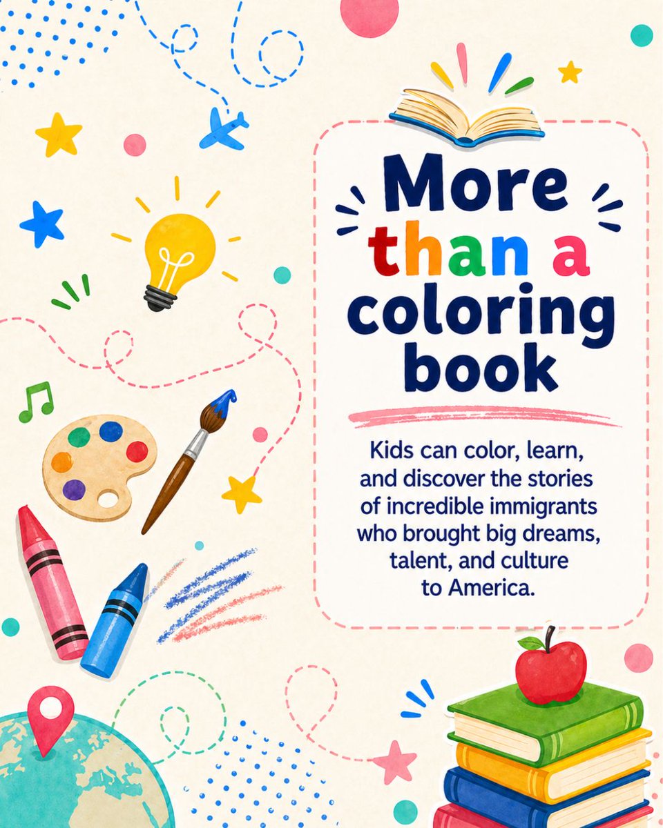 IvansonStudios's tweet photo. Incredible Immigrants: America’s Colorful Tapestry is a fun, educational coloring book that helps kids learn about inspiring immigrants, big dreams, and the beauty of diverse cultures.

Explore the book https://t.co/fqXW15Zlpv

#IvansonStudios #IncredibleImmigrants #ColoringBook https://t.co/uw1DKlb9kc