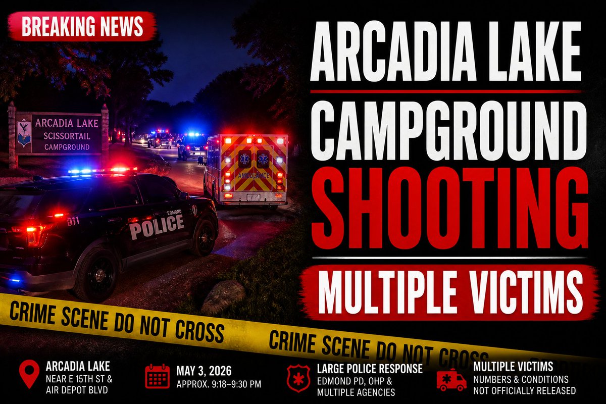 PoliceIncident's tweet photo. Arcadia Lake Campground Shooting Prompts Massive Police Response in Edmond, Oklahoma

May 3, 2026, approximately 9:18–9:30 p.m., Edmond, Oklahoma — A shooting occurred at Scissortail Campground at Arcadia Lake, near East 15th Street and Air Depot Boulevard, just east of the city and within or near Logan County.

The Edmond Police Department confirmed the incident and responded alongside the Oklahoma Highway Patrol and other assisting agencies. A large emergency presence was reported, including patrol units, tactical teams, fire personnel, and multiple ambulances. Witnesses observed ambulances arriving and leaving the campground as first responders treated victims and secured the scene.

Authorities have not released an official number of victims. Preliminary, unconfirmed reports from scanner traffic and individuals at the scene indicated multiple people were shot, with some estimates suggesting a higher number of possible victims. Reports also indicated at least four gunshot victims were found inside a vehicle. Law enforcement has not confirmed these details, and no information on victims’ identities, ages, or medical conditions has been officially provided.

Hospitals in the area, including facilities associated with INTEGRIS Health, were reportedly placed on precautionary lockdown during the response, though officials have not detailed the extent or duration.

Witness accounts described a disturbance at or near the campground—possibly tied to a large gathering—that escalated into gunfire. Some individuals reportedly fled into nearby wooded areas as officers conducted searches. Unconfirmed descriptions referenced possible multiple suspects, but no suspect information has been verified, and no arrests have been announced.

As of early May 4, authorities have not classified the incident as an active shooter situation and continue to describe it as an active, evolving investigation. Officials urged the public to avoid the area while evidence is collected and witnesses are interviewed.

The investigation remains ongoing, and additional verified details are expected in future updates.

#police #cops #crime #policia #polizei #Police_Incidents #crimenews #crimeAlert