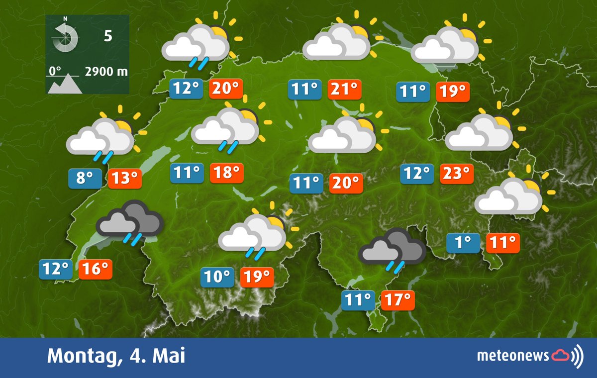 MeteoNewsAG's tweet image. Heute ist es veränderlich bewölkt, #Sonne und #Wolken wechseln sich ab. Dazu ist es vor allem im Westen immer wieder #nass, im Süden wohl im Laufe des Nachmittags. Der Osten bleibt weitestgehend #trocken. (qb)
Mehr Infos auf: meteonews.ch