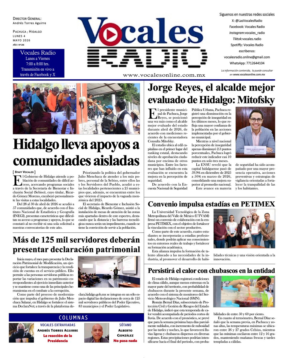 Nuestra portada
Lunes 4 de mayo 2026.
Síguenos en vocalesonline.com.mx