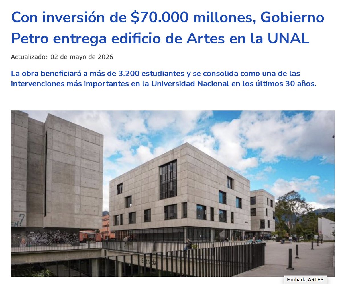 Entonces, esto tampoco será noticia mundial?

Con inversión de $70.000 millones, Gobierno Petro entrega edificio de Artes en la UNAL share.google/yaViVIbOAEidRr…