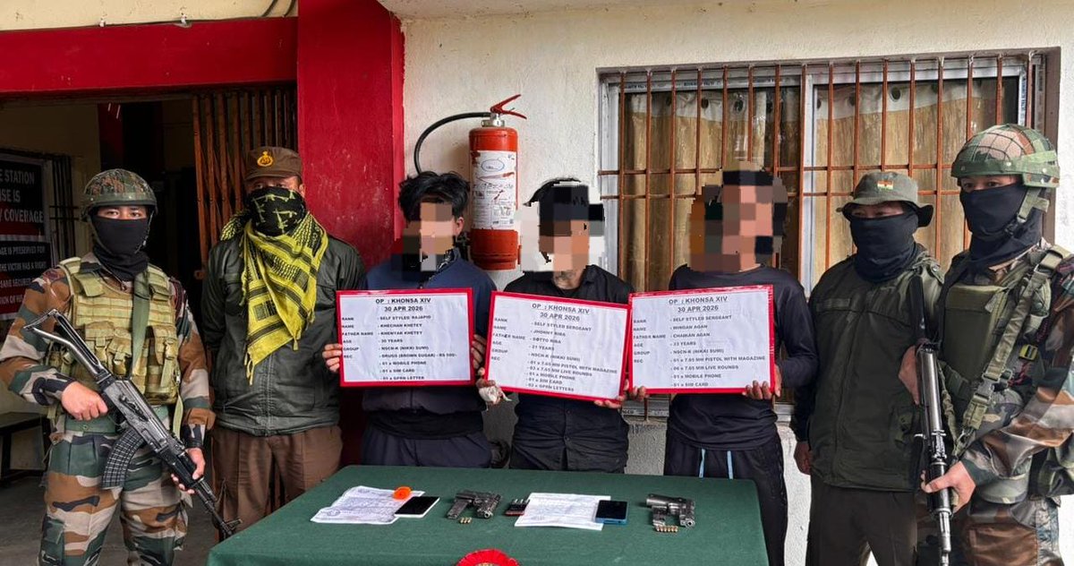 Spearcorps's tweet image. #AssamRifles under #SpearCorps, in a joint operation with Arunachal Pradesh Police, apprehended three cadres of NSCN-K (Nikki Sumi) at Wancho Colony, Tirap District, #ArunachalPradesh on 01 May 2025, reinforcing commitment towards security and stability in insurgency-affected