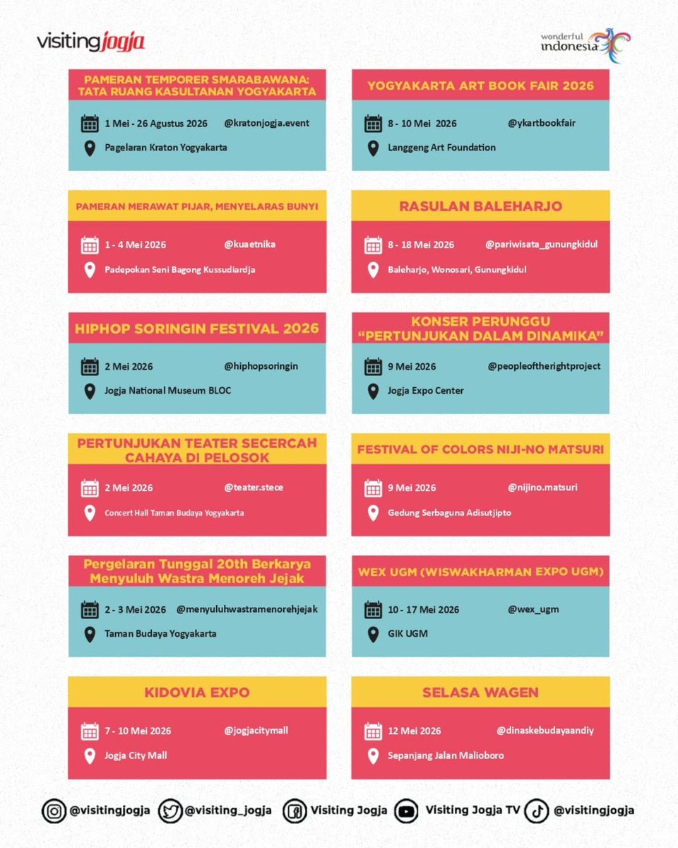 visiting_jogja's tweet photo. Calendar of Event Mei 2026 is here! 🎉
Find your favorite events and enjoy Jogja all month long ✨
イベント情報(2026年5月)公開!🎉
ジョグジャで楽しいイベントを見つけよう✨
#VisitJogja #EventJogja https://t.co/TlSix4vpq3