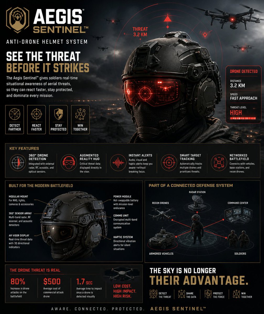 Kamran717's tweet image. I've created two military products that can prevent soldiers dying via drones. The helmets are equipped with internal radar that detects any incoming drones from 3.2km away and the drone net bazooka. It will shoot out a large next to prevent it from reaching you.

#drones
