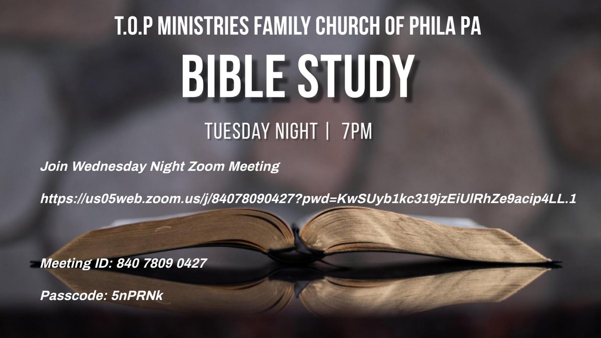 Michael35427826's tweet image. Join us every Tuesday night at 7PM for Bible Study and connect on Wednesday nights via Zoom. Meeting ID and passcode available online. #BibleStudy #FaithCommunity #T.O.PMinistries