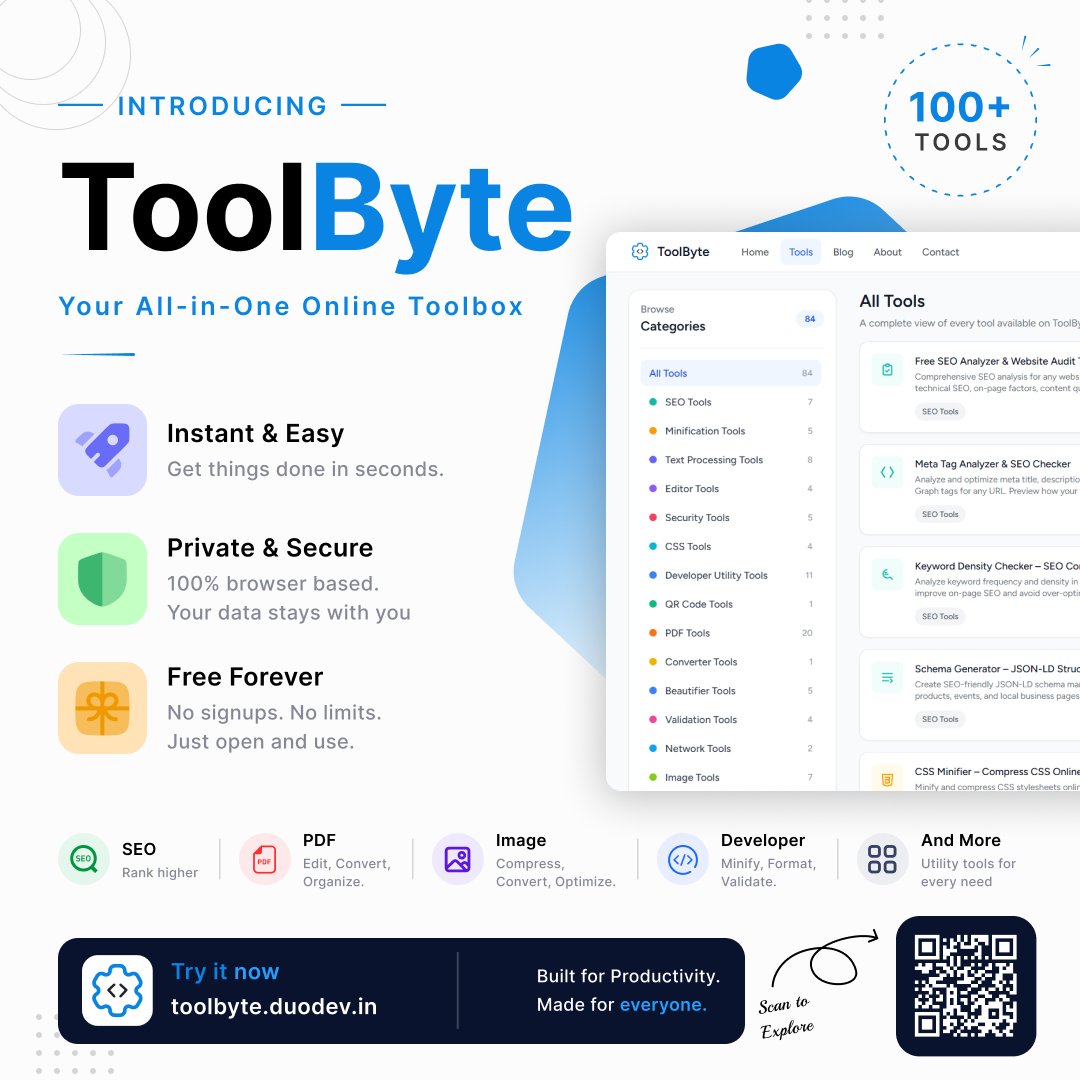 duodev_in's tweet photo. Introducing ToolByte ⚡

All-in-one toolbox for devs &amp; professionals—fast, secure &amp; free.
No signups. Just open &amp; use.
Try now: https://t.co/Mf2GzlY2ku
#ToolByte #DevTools https://t.co/w0IcJalJv3