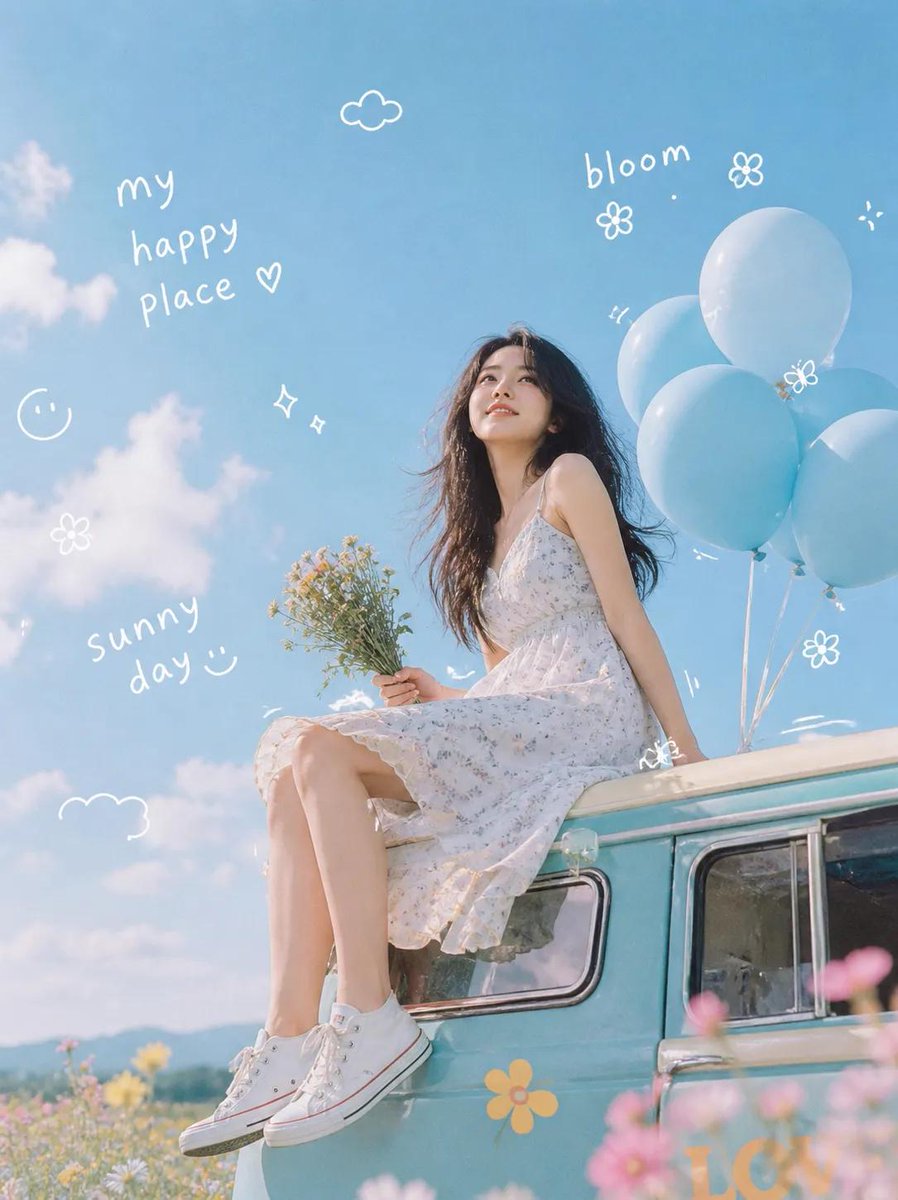 Dreamy Lifestyle Photo: Woman on Van in Flower Field