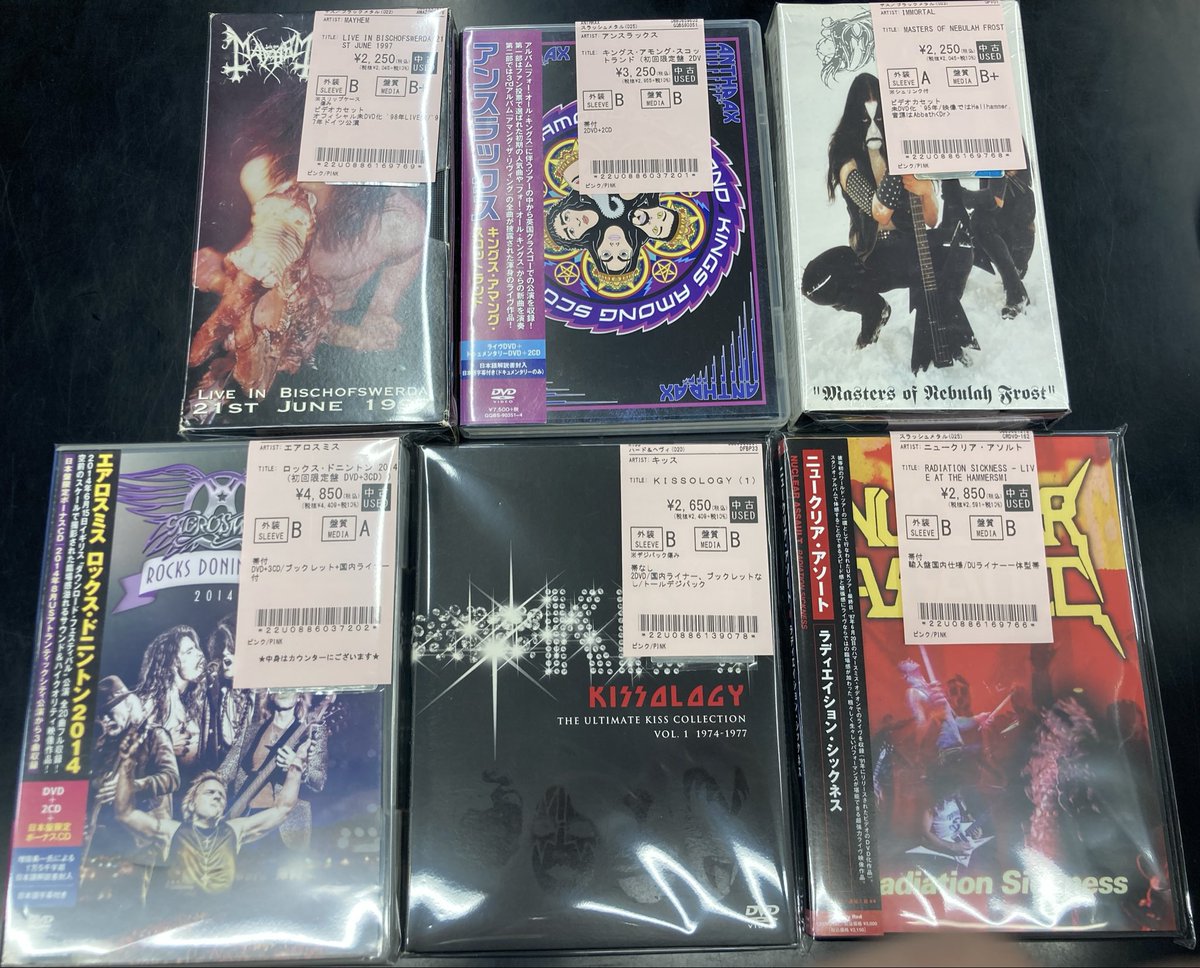 新着中古DVD・BLU-RAY、VHS情報 AEROSMITH、KISS、ANTHRAX、MAYHEMや