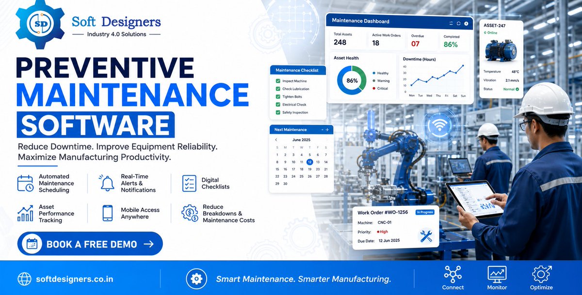 Soft_Designers's tweet image. Reduce downtime. Improve equipment reliability. 

Boost manufacturing productivity with Soft Designers' Preventive Maintenance Software.

Smart Scheduling
 Real-Time Alerts
Asset Tracking

Book a free demo today.

#PreventiveMaintenance #Manufacturing #Industry40 #SmartFactory