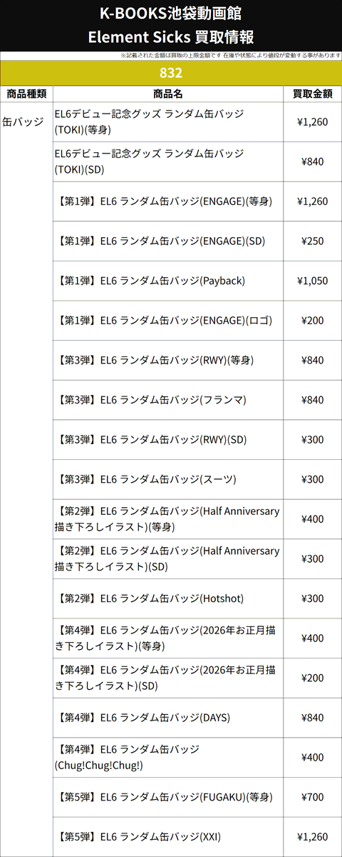 832 EL6 This song 缶バッジ 第5弾 11点 買取情報】 💎 Element Sicks💎 💛 832 さん 8️⃣ 缶バッジ 各種 第5