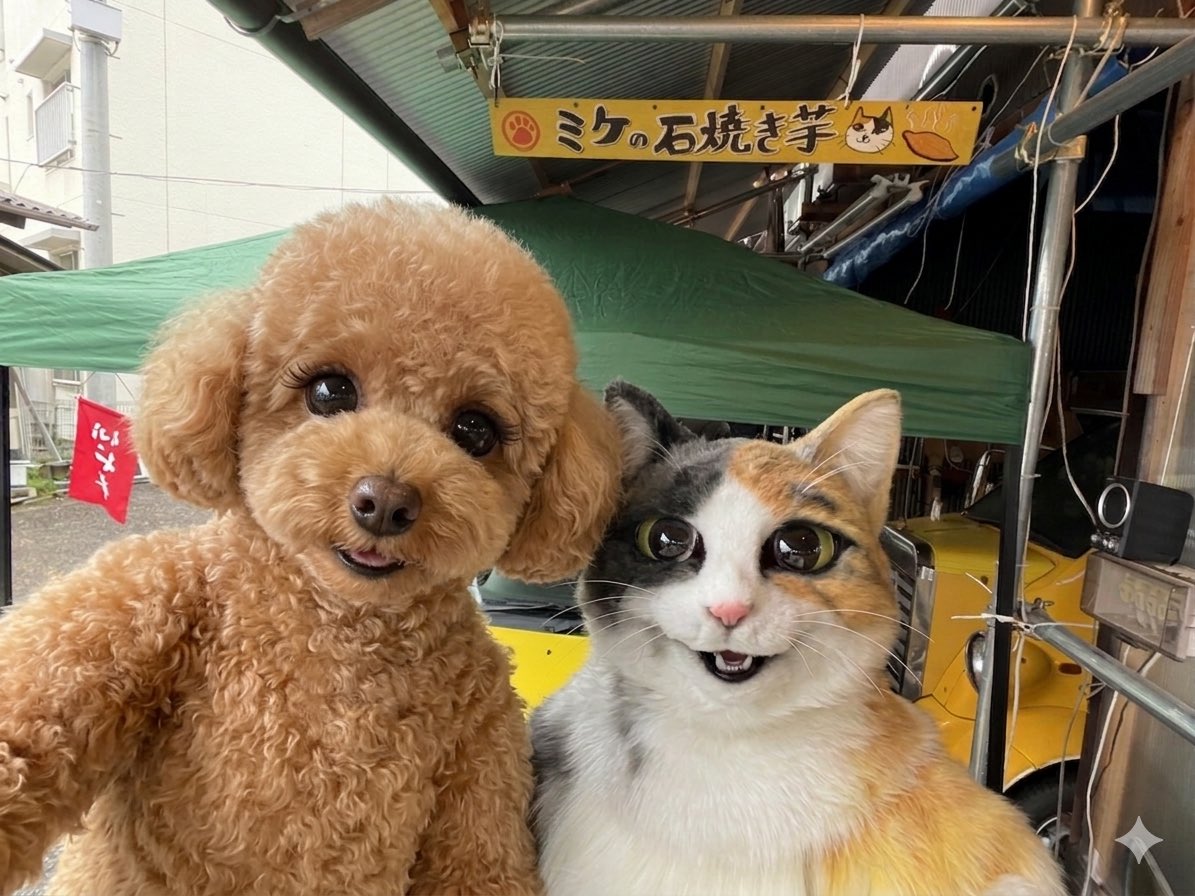 YamadaTallo's tweet photo. 左がAIで作った私で右が山田ミケさん。
山田ミケさんは本物の着ぐるみですよ。素晴らしい出来栄え👍 https://t.co/5ONkKsIRNs