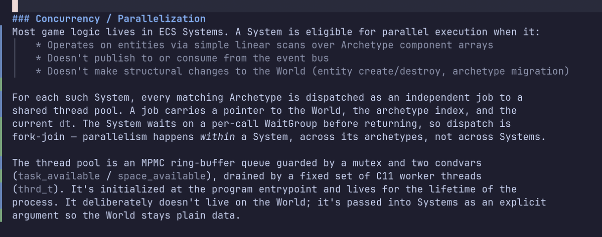 realpatchwork's tweet photo. I'm building a game on Raylib in C. It is a simple 2D game, so using an Archetypal ECS architecture is probably overkill (especially using a sparseset distributed between world / archetype), but I did it anyway. I just introduced system-scoped parallelization as well. Thoughts? https://t.co/DgCg4jAw4U