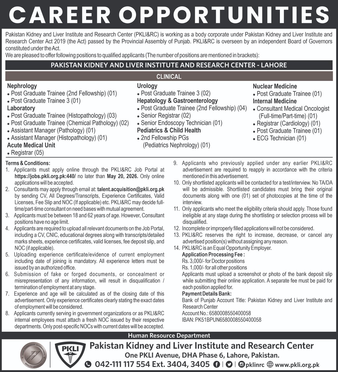 pklinrc's tweet image. Job Opportunities in PKLI Lahore
𝑨𝒑𝒑𝒍𝒚 𝒐𝒏𝒍𝒊𝒏𝒆:
jobs.pkli.org.pk:440
Last date to apply: May 20, 2026
#PKLI #Careers #CareerOpprtunity #jobs #careeropportunities #jobseekers
