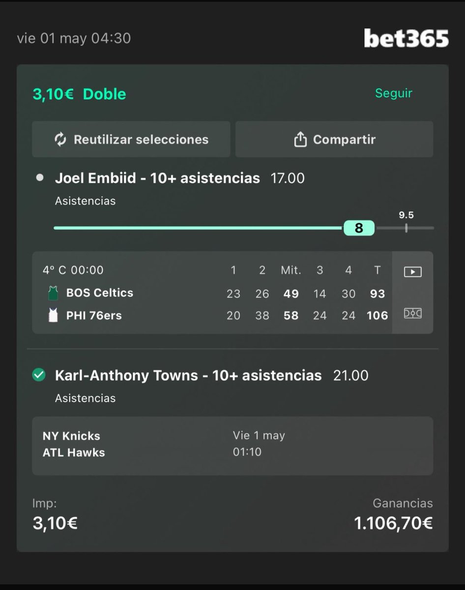 BK365_'s tweet photo. Volvemos a probar esta locura que tuvimos en la madrugada del jueves , a dos asistencias de hacer historia 😅

Veo mucha champions , pero realmente el dinero está en la NBA 

Esta misma la hice en bettfeir 8 y 8 y salió la dejo en los comentarios 👇🏽👇🏽 https://t.co/Ms61z8bYz8