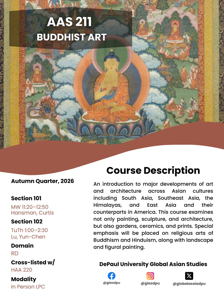 GlobalAsiaDPU's tweet photo. 🪷Join AAS 211: Buddhist Art and dive into painting, sculpture, architecture, and more across South, Southeast, and East Asia 🌏

📍 Cross-listed with HAA 220
🕒 Section 101: MW 11:20–12:50 (Hansman)
🕒 Section 102: TuTh 1:00–2:30 (Lu) https://t.co/wh0nkDltfd