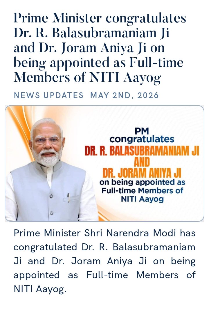mylaraprem's tweet image. #PM #Prime #to #ISRO #India #IndianAirForce #IndianArmy #indiannavy #Challenge #Honorable @BJP4India 

Prime Minister congratulates Dr. R. Balasubramaniam Ji and Dr. Joram Aniya Ji on being appointed as Full-time Members of NITI Aayog

nm-4.com/SKFdUi via NaMo App