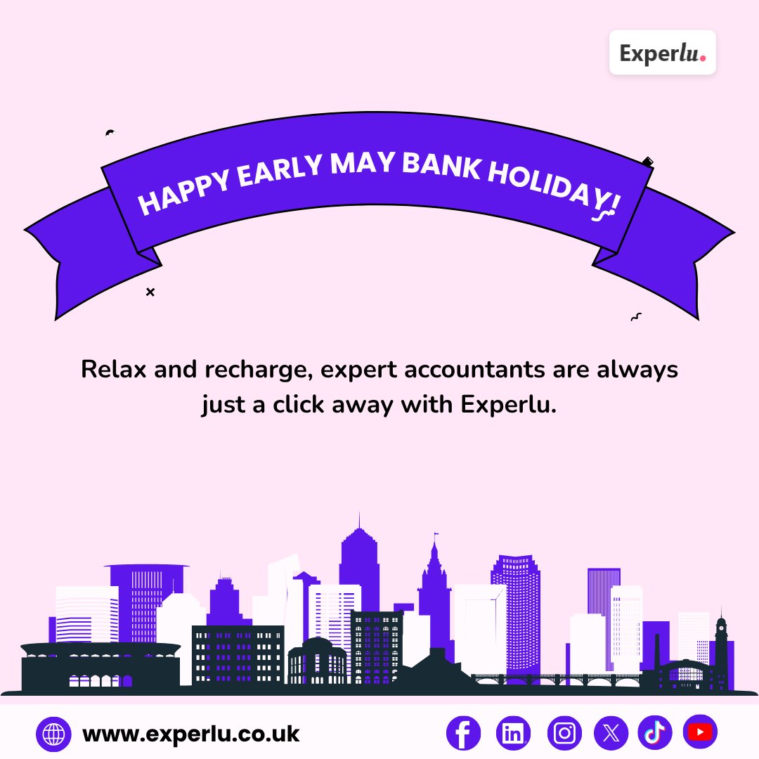 experlu's tweet photo. Happy Early May Bank Holiday! 🌼

Relax today, expert accountants are just a click away with Experlu.

#BankHoliday #Experlu https://t.co/eIFXAp3Hjb