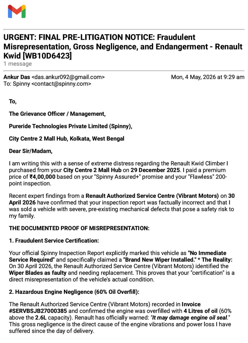 ankurd092's tweet image. @SpinnyCare @sachin_rt Sold a "Flawless" car or a safety hazard?☠️ 
I paid ₹4L to @Spinny for a "Certified" Renault Kwid, only to find multiple critical failures &amp;amp; engine negligence. Trusting this brand has been a nightmare for my family’s safety.
SHAMEFUL😡
#SpinnyScam #Fraud
