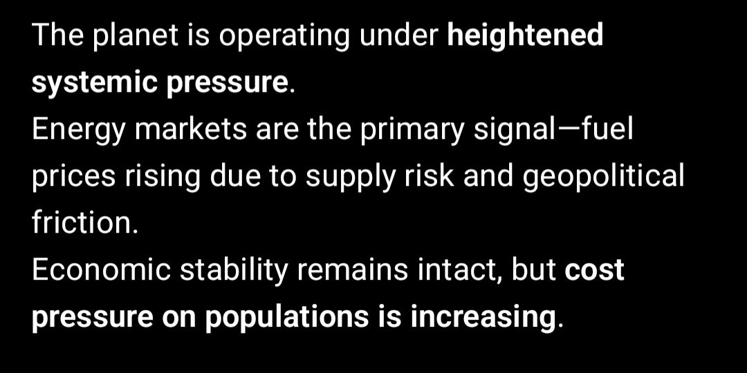 HEIS_Tswvlis's tweet image. #Global #State: (+,+,–) — Elevated #Tension Phase

The #planet is operating under heightened #systemic #pressure.

#Energy markets are the primary signal—#fuel #prices rising due to #supply #risk and #geopolitical #friction.

3/5/2026
CapstoneStabilityTheorem 
#CPSIS