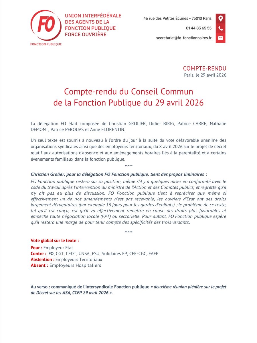 Compte rendu du conseil commun de la Fonction Publique du 29 avril 2026.