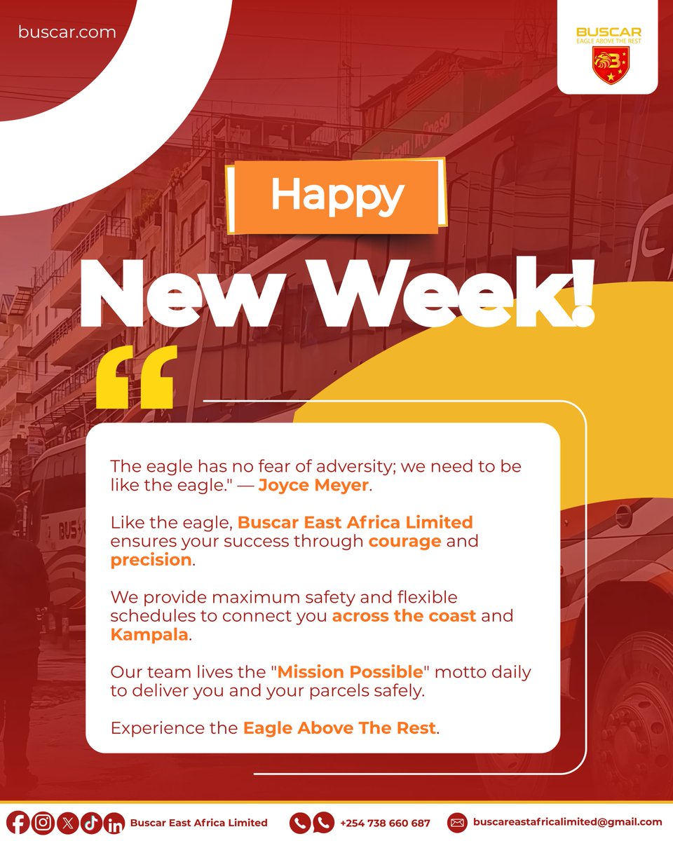 Happy New Week! 🦅✨

"The eagle has no fear of adversity; we need to be like the eagle."

— Joyce Meyer

This week, travel with courage &amp; precision.

We connect you across the coast &amp; to Kampala with maximum safety &amp; flexible schedules.

Book Now:

📞 +254 738 660 687

#NewWeek