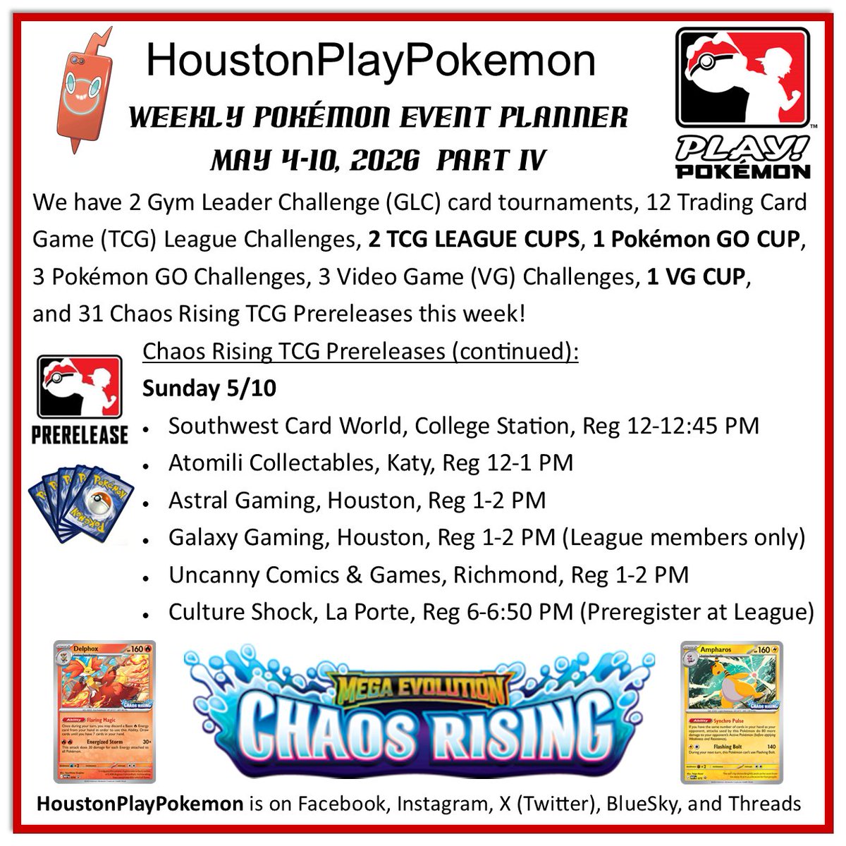 Weekly Event Planner for May 4-10, 2026. We have 2 Gym Leader Challenge (GLC) card tournaments, 12 Trading Card Game (TCG) League Challenges, 2 TCG LEAGUE CUPS, 1 Pokémon GO CUP, 3 Pokémon GO Challenges, 3 Video Game (VG) Challenges, 1 VG CUP, and 31 Chaos Rising TCG Prereleases!
