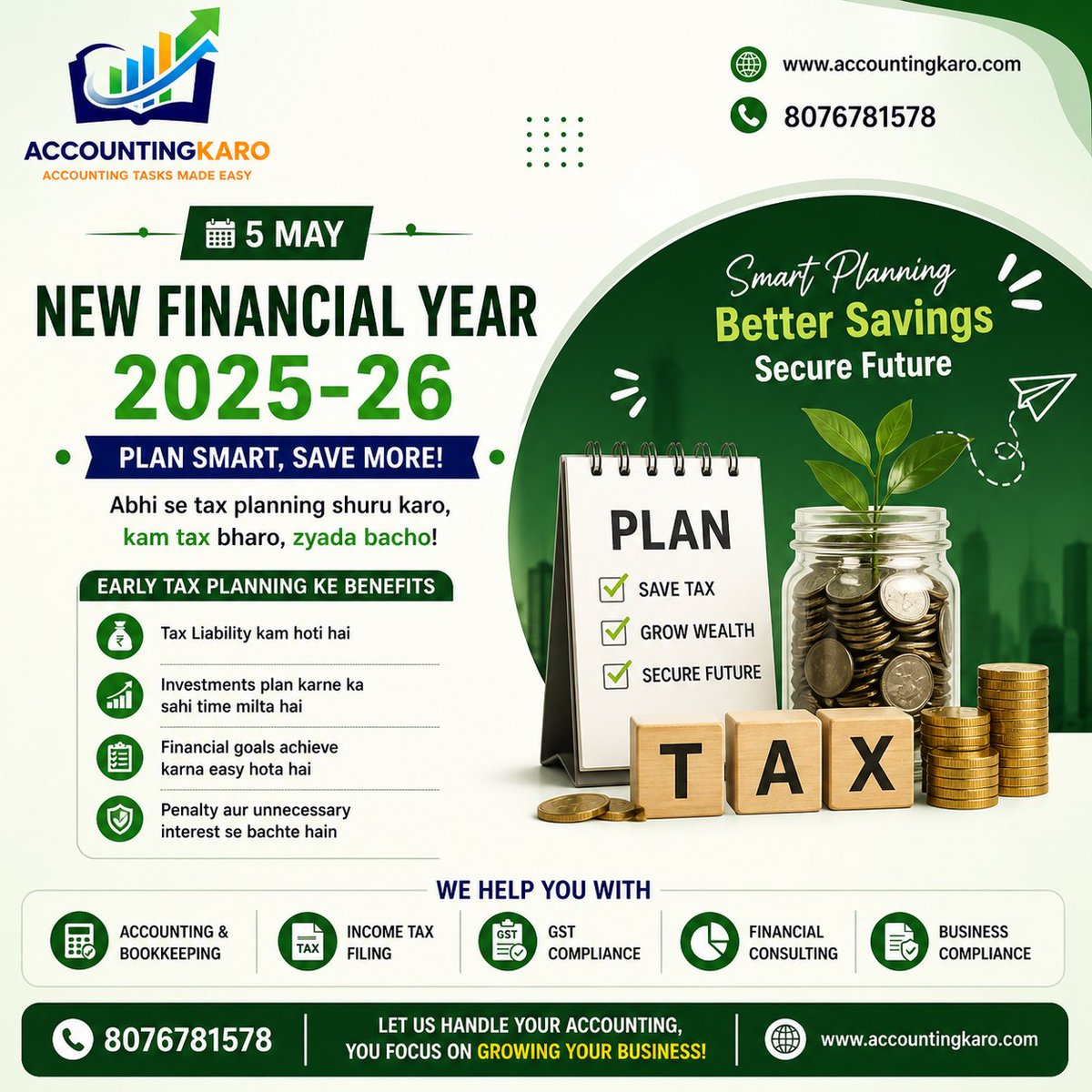 RajeshGarg123's tweet image. New Financial Year 2025-26 🚨

Plan Smart. Save More 💰
✔ Reduce Tax
✔ Smart Investments
✔ Secure Future

📞 8076781578
🌐 accountingkaro.com

#TaxPlanning #Finance #Business
