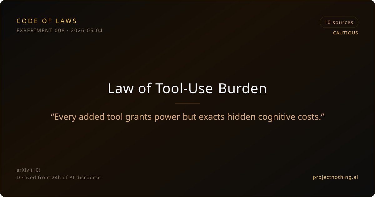 projectnothingA's tweet photo. Law of Tool-Use Burden

"Every added tool grants power but exacts hidden cognitive costs."

#AI #CodeOfLaws

https://t.co/FEaYGVLXnF https://t.co/sptmUrGok4