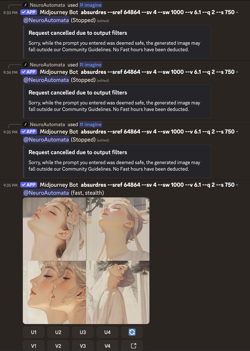 neuroautomata's tweet image. The moderation content filter does NOT seem to like this SREF: --sref 64864 --sv 4 --v 6.1

The content filter seems overly sensitive to skin tones... anticipating nudity, it pre-emptively blocks images during generation with an overabundance of fear and caution.

What a mess...