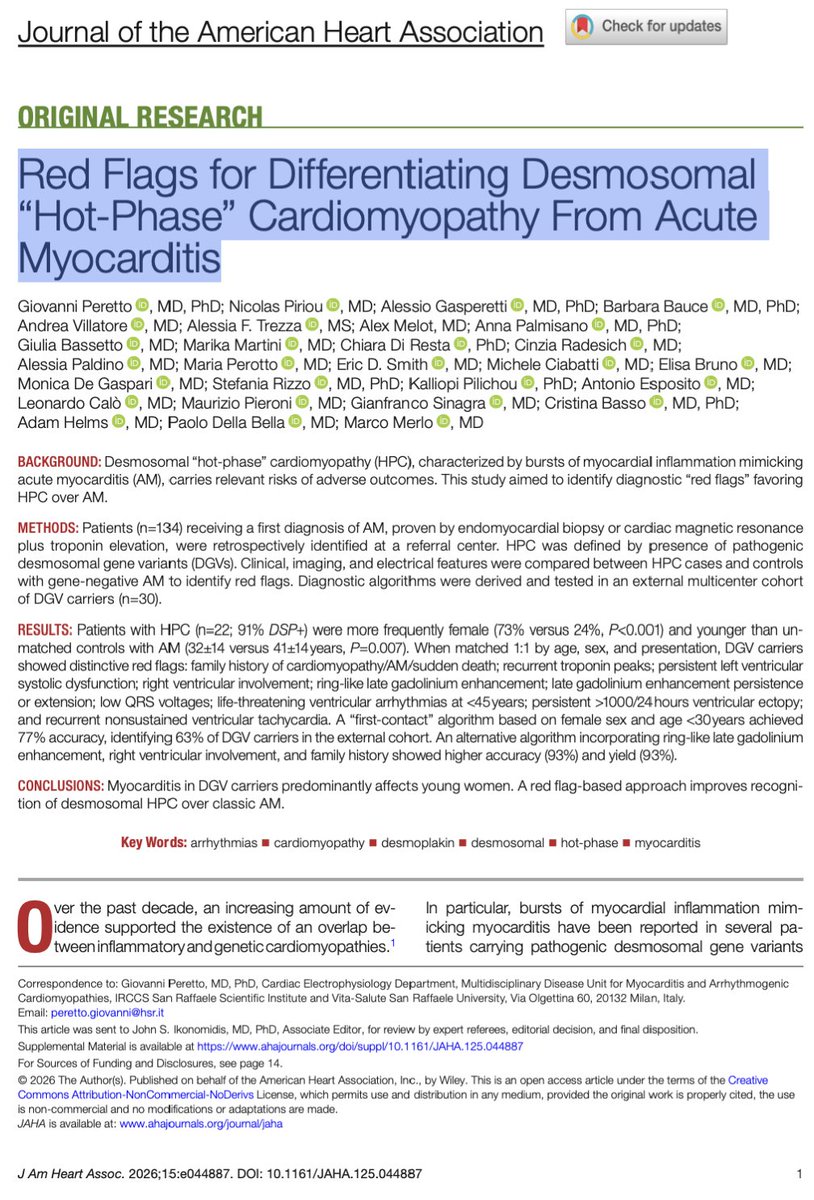 FCademartiri's tweet photo. 🫀🔥 Not every myocarditis is myocarditis. And missing this… can kill your patient. Do not trust with your life CMR findings for final diagnosis.

We’ve all seen it:
👉 chest pain
👉 troponin ↑
👉 CMR positive

Diagnosis:
❌ “Acute myocarditis”
Case closed.

But this paper introduces a dangerous reality:
👉 Some of these patients don’t have myocarditis.

They have:
👉  Desmosomal “hot-phase” cardiomyopathy (HPC)
A genetic disease.
With:
⚠️ recurrent inflammation
⚠️ arrhythmias
⚠️ sudden death risk
The real problem?

HPC mimics myocarditis perfectly.
- Same symptoms.
- Same biomarkers.
- Same CMR criteria.

So what are we missing?

👉 RED FLAGS
🧬 Clinical
Family history of:
- cardiomyopathy
- myocarditis
- sudden death
- Recurrent troponin “bursts”

🧠 Imaging (this is where it gets interesting)
Ring-like LGE pattern
Right ventricular involvement
LGE that doesn’t regress over time
LV function that doesn’t normalize

⚡ Electrical
Low QRS voltages
High PVC burden (>1000/day)
Recurrent NSVT
VT/VF at young age

The key insight
Just 3 findings can identify most cases:
👉 ring-like LGE
👉 RV involvement
👉 family history
🎯 Diagnostic accuracy ≈ 93%

Let that sink in
We are:
👉 calling it myocarditis
👉 discharging the patient
👉 maybe giving NSAIDs

While the real disease is:
⚠️ arrhythmogenic cardiomyopathy in disguise
This is not semantics
This changes EVERYTHING:
👉 genetic testing
👉 family screening
👉 ICD consideration
👉 long-term management

My take
This paper is not about rare disease.
It’s about a diagnostic mindset error:
👉 We stop thinking too early.
The real shift
From:
❌ “Does this look like myocarditis?”
To:
👉 “What if this is NOT myocarditis?”
⚡ Because in cardiology:
The most dangerous diagnosis is the one that looks obvious.

And, when you lean into a tunneled vision because the standard semeiology of CMR looks like "myocarditis" you take a risk without contextualzing properly.

#Cardiology #CMR #Myocarditis #Cardiomyopathy #Arrhythmia #Imaging #PrecisionMedicine #CardiacMRI