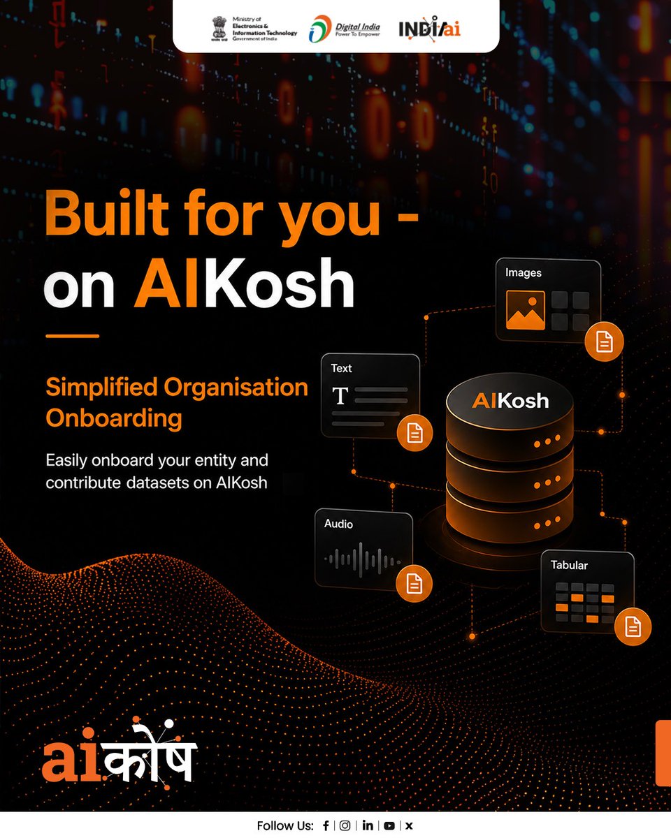 GoI_MeitY's tweet image. Onboarding made simple on #AIKosh. It  enables organisations to seamlessly join the platform and contribute datasets in a secure and structured manner.

Discover more on AI Kosh aikosh.indiaai.gov.in/home/

#DigitalIndia @AshwiniVaishnaw @jitinprasada @PIB_India @SecretaryMEITY
