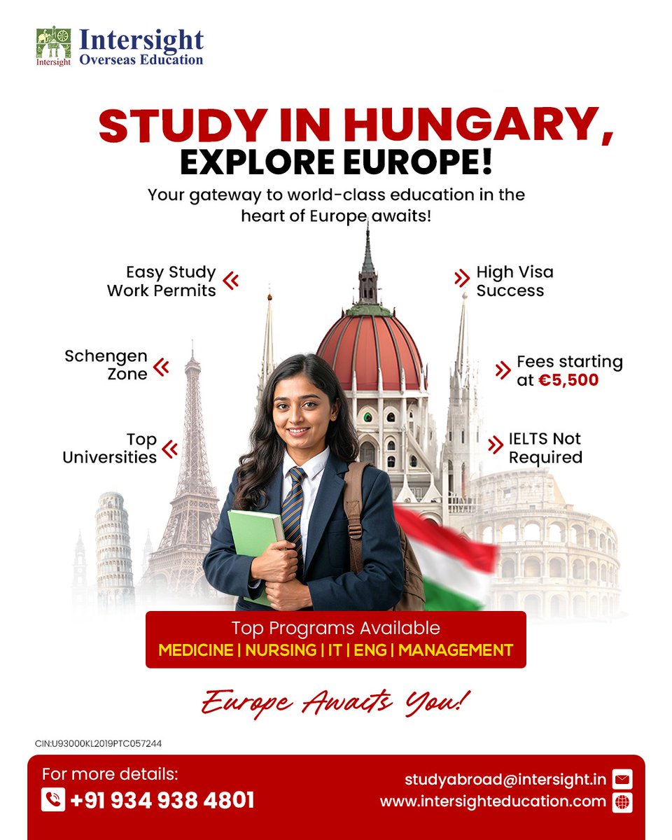 Intersightedu's tweet image. 𝐃𝐫𝐞𝐚𝐦𝐢𝐧𝐠 𝐨𝐟 𝐬𝐭𝐮𝐝𝐲𝐢𝐧𝐠 𝐢𝐧 𝐄𝐮𝐫𝐨𝐩𝐞? 🇪🇺
Study in Hungary—affordable fees, top programs &amp;amp; Schengen access 🌍✨

📞 +91 934 938 4801
🌐 intersighteducation.com

#StudyInHungary #StudyAbroad  #InternationalStudents #IntersightOverseasEducation