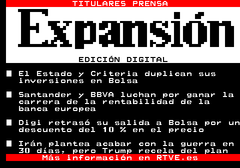 rtvetext's tweet image. 𝚃𝙸𝚃𝚄𝙻𝙰𝚁𝙴𝚂 𝙳𝙴 𝙿𝚁𝙴𝙽𝚂𝙰 #EXPANSION

es.kiosko.net/es/np/expansio… 👈

 04/mayo